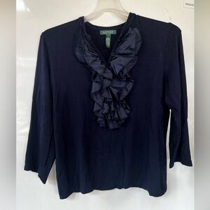 Navy 3/4 Sleeve Ruffle Blouse